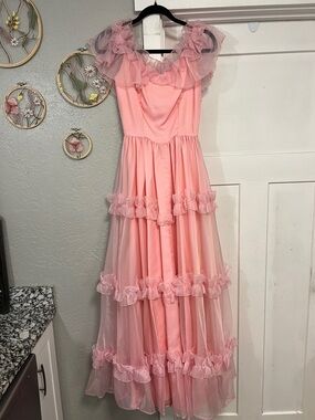 1970’s VINTAGE UNION MADE PINK RUFFLE COQUETTE BRIDGERTON STYLE GOWN DRESS